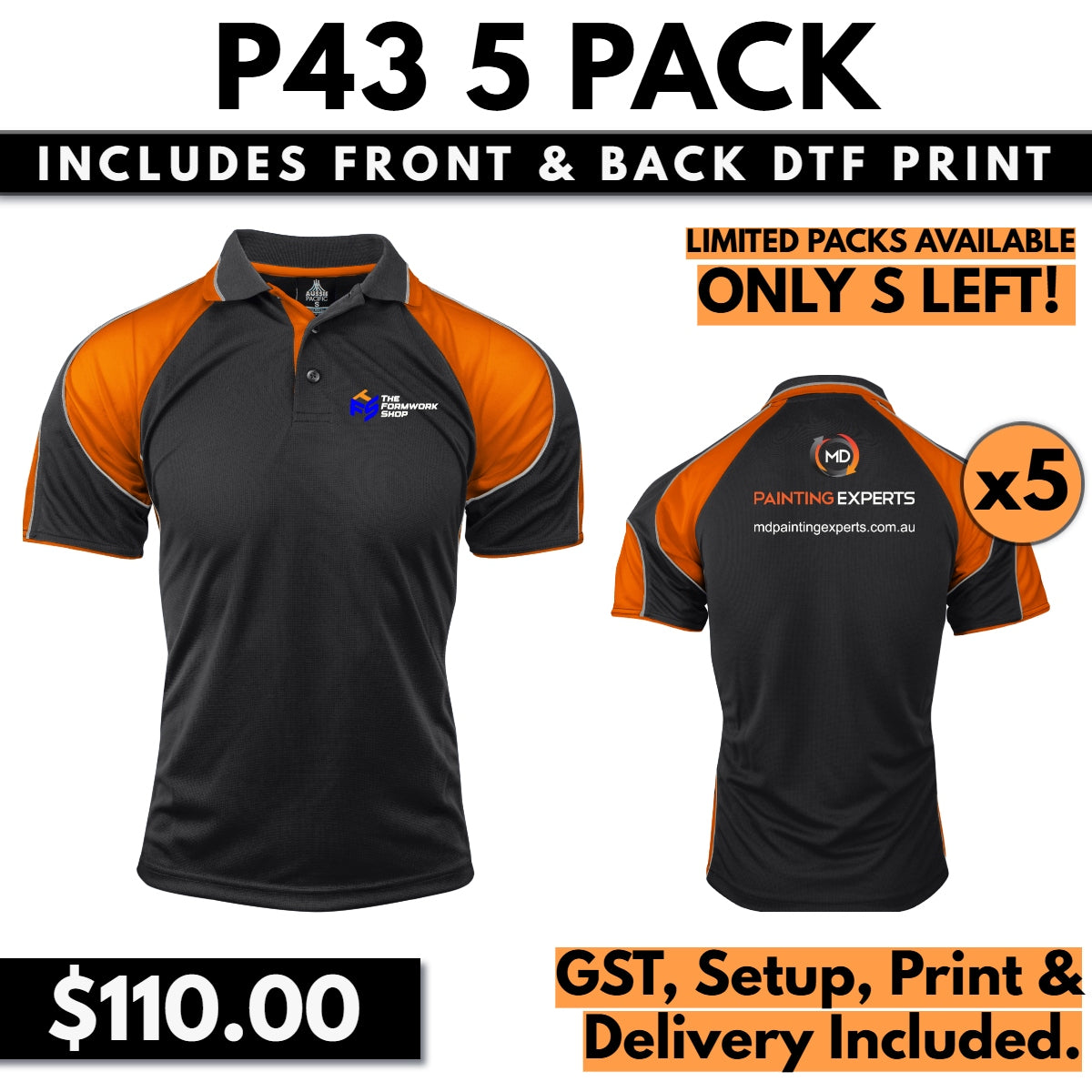 CLEARANCE 1300 POLOS BLACK/ORANGE 5 PACK WITH FRONT & BACK DTF PRINT & SHIPPING INCLUDED
