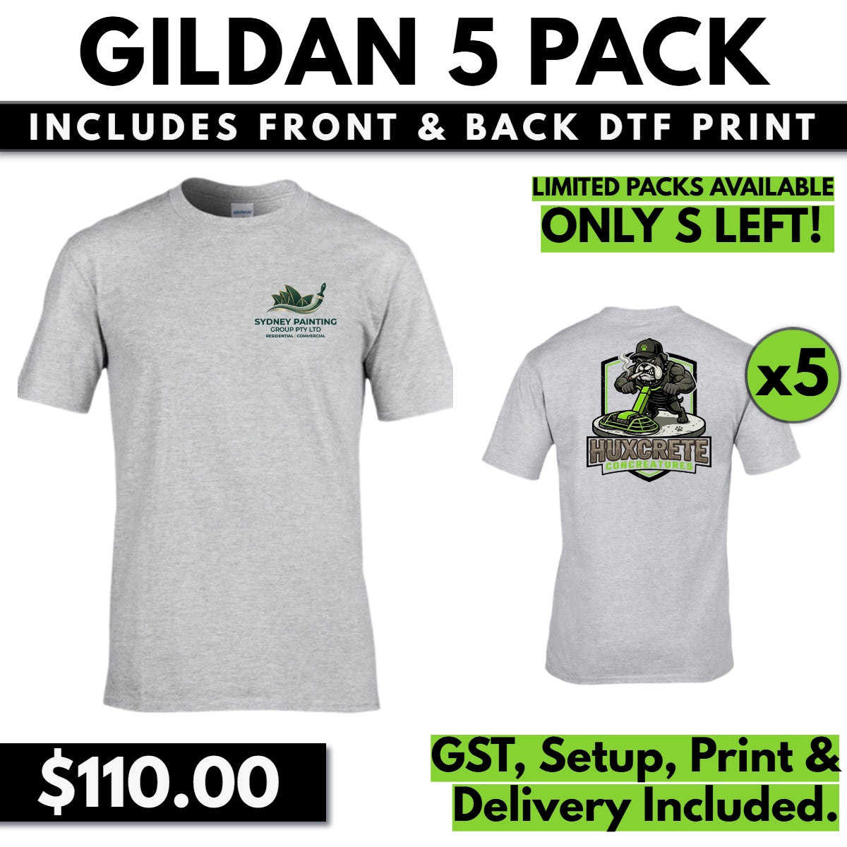 CLEARANCE 4100 GILDAN TEE GREY 5 PACK WITH FRONT & BACK DTF PRINT & SHIPPING INCLUDED