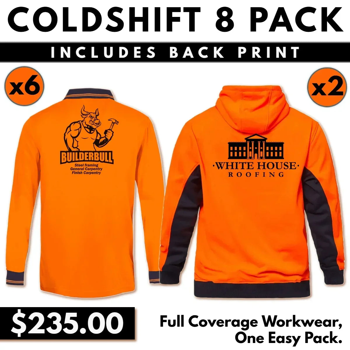 Coldshift 8 Pack – 6 Long Sleeve Polos + 2 Hoodies with Back Print
