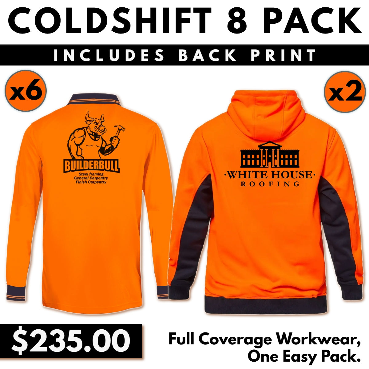Coldshift 8 Pack – 6 Long Sleeve Polos + 2 Hoodies with Back Print