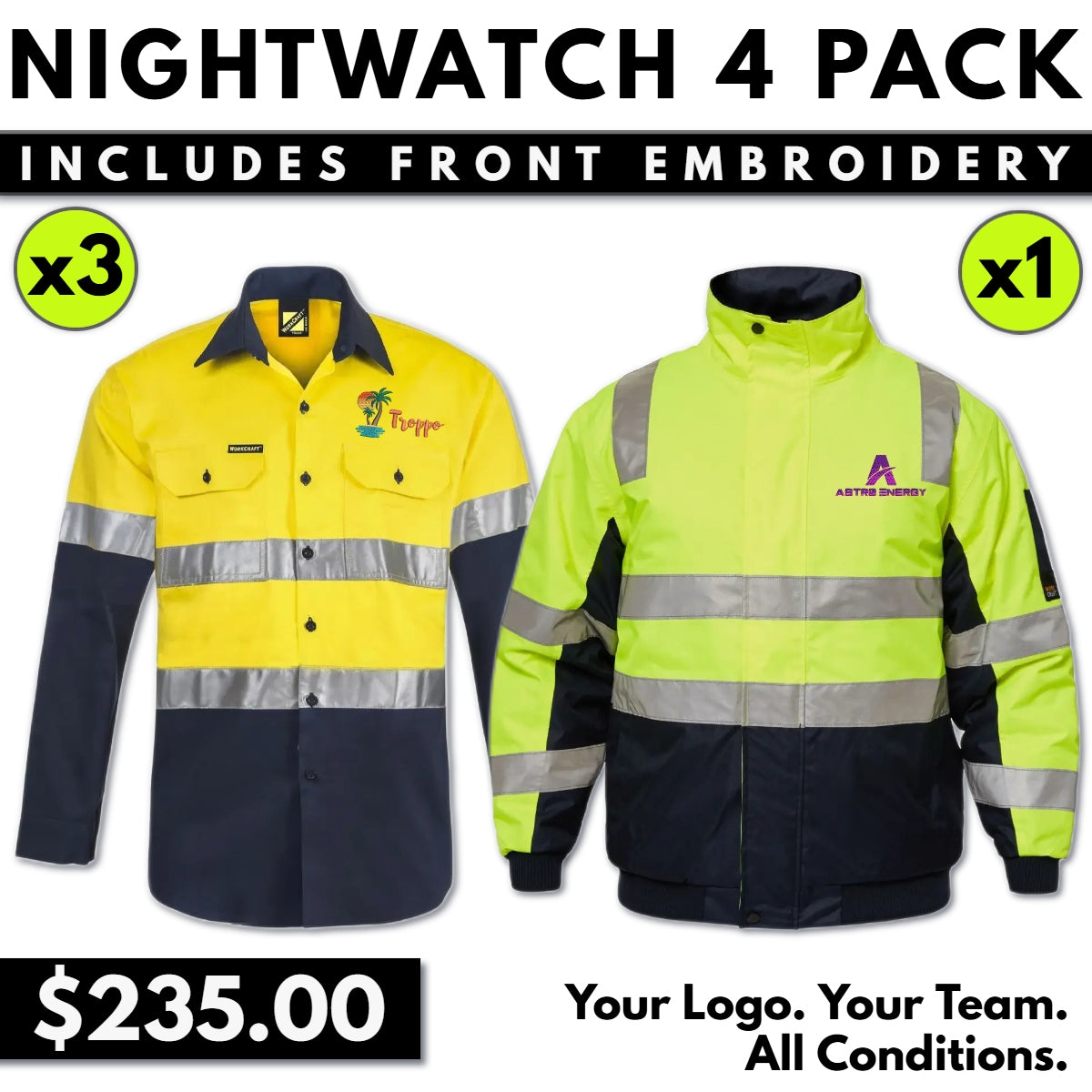 Nightwatch 4 Pack – Cotton Drill Shirts & Reflective Jacket with Logo