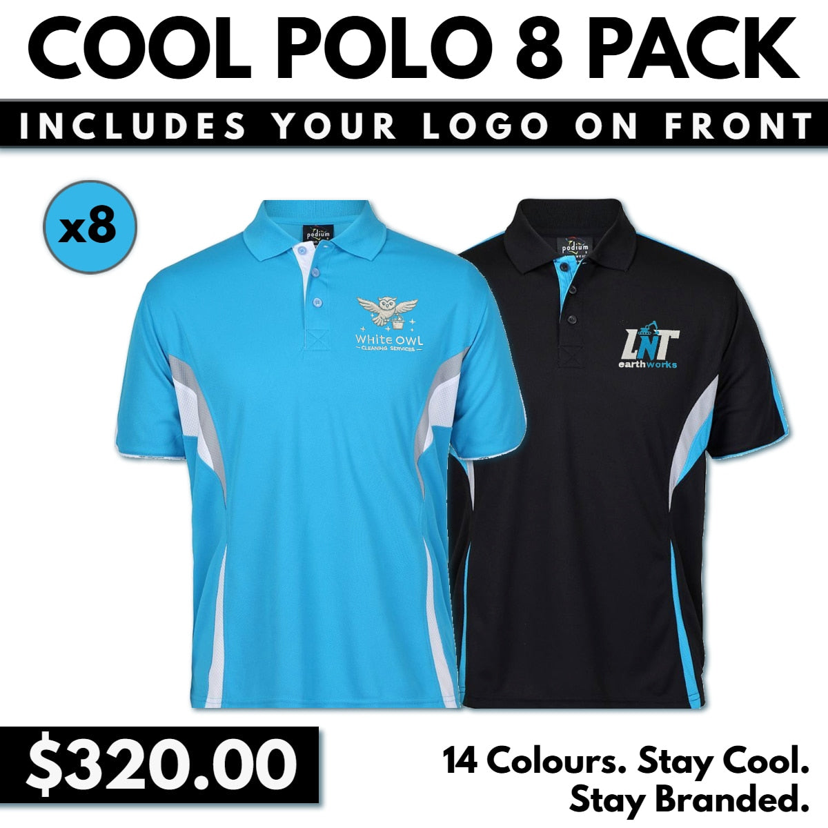 JBs Cool Polo 8 Pack - 8 x 7COP - With Your Logo on Front