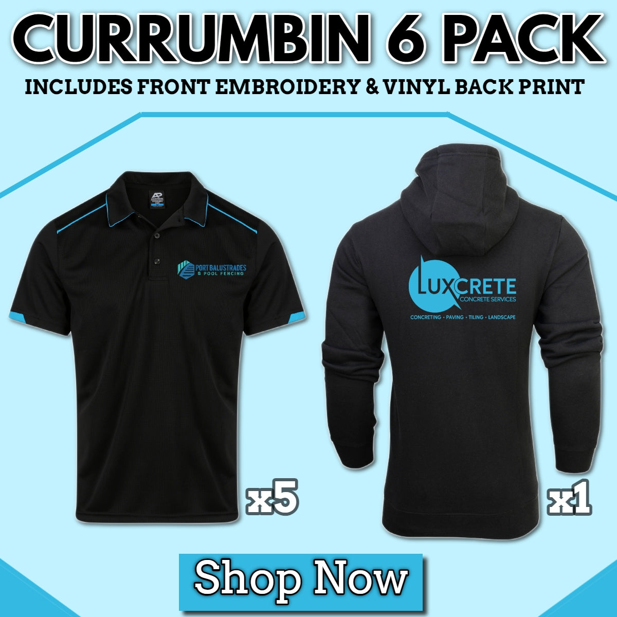 Currumbin 6 Pack With Your Logo Printed Embroidered Black-Aqua | Safe-T-Rex
