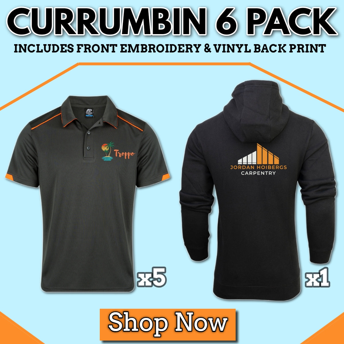 Currumbin 6 Pack With Your Logo Printed Embroidered Black-Orange | Safe-T-rex