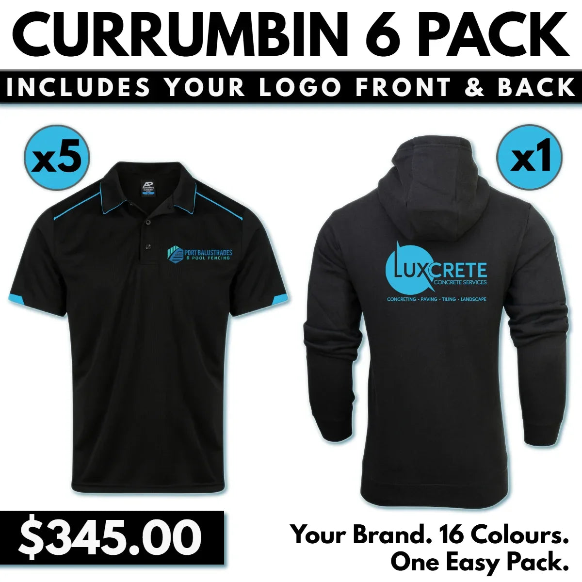 Currumbin 6 Pack – 5 x 1320 1 x 1525 With Front Embroidery & Back DTF Print