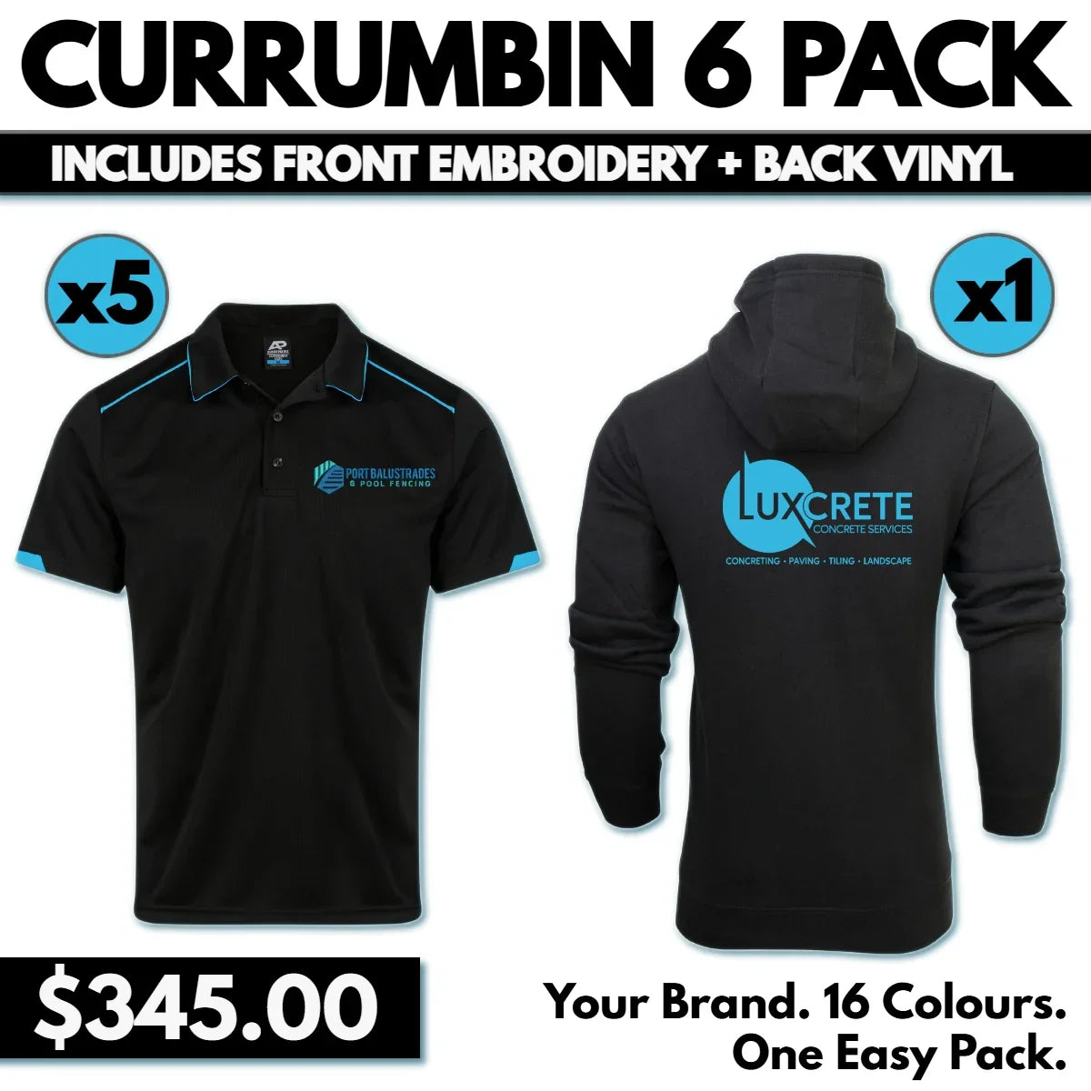 Currumbin 6 Pack With Your Logo Printed Embroidered Black-Aqua | Safe-T-Rex