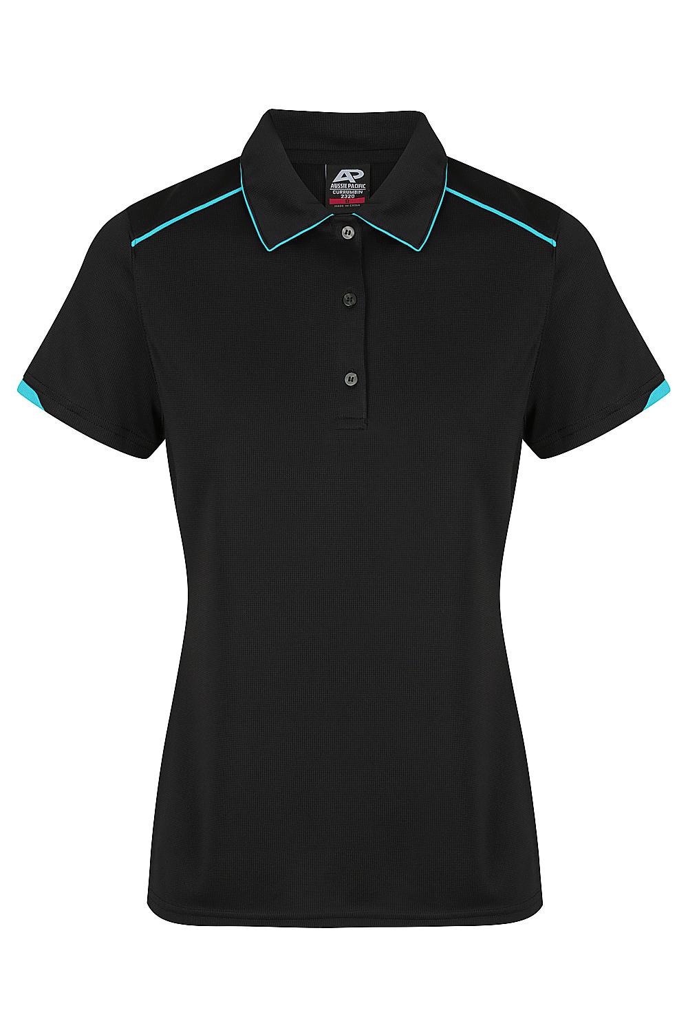 Custom Ladies Currumbin Work Polo Shirts - Black/Cyan | Safe-T-Rex Workwear Australia