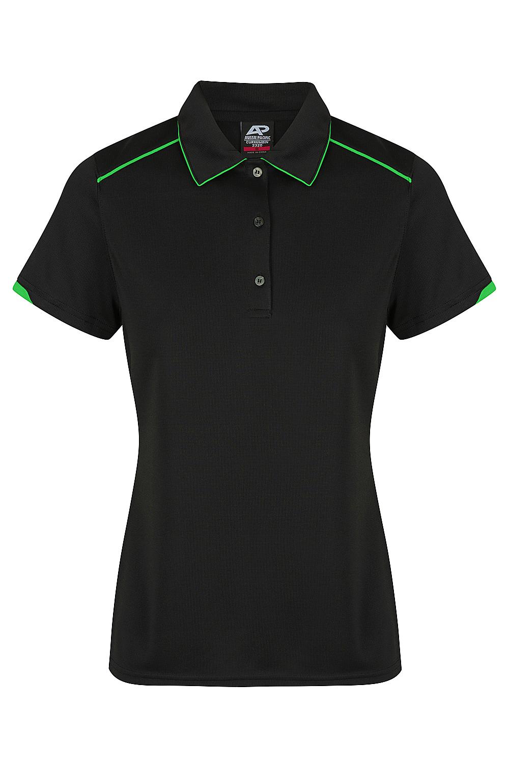 Custom Ladies Currumbin Work Polo Shirts Black/Kawa Green | Safe-T-Rex Workwear Australia