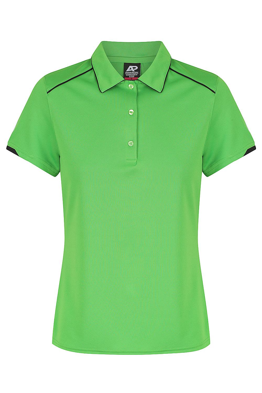 Custom Ladies Currumbin Work Polo Shirts - Kawa Green/Black | Safe-T-Rex Workwear Australia