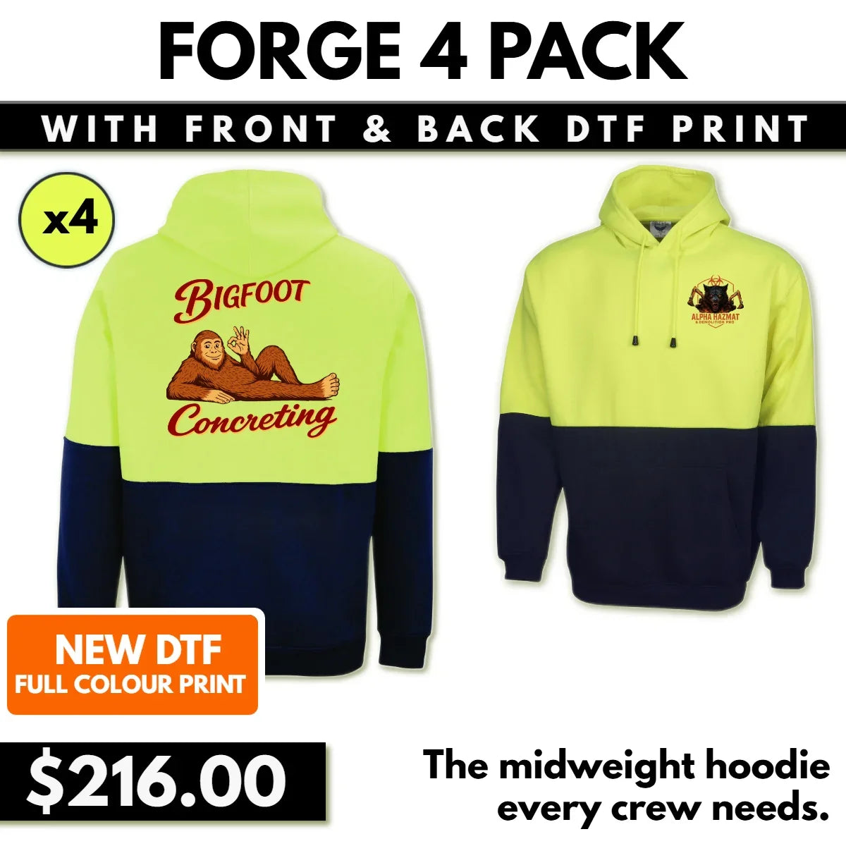 Forge 4 Pack – Hi-Vis Fleecy Hoodies with Front & Back DTF Print