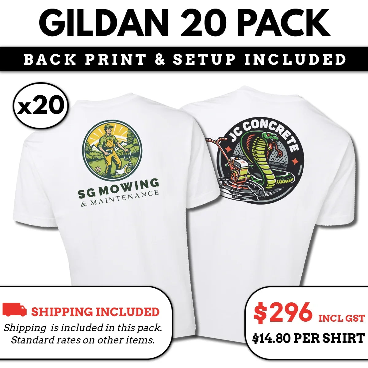 Gildan White 20 Pack With Back Print - Shipping Included