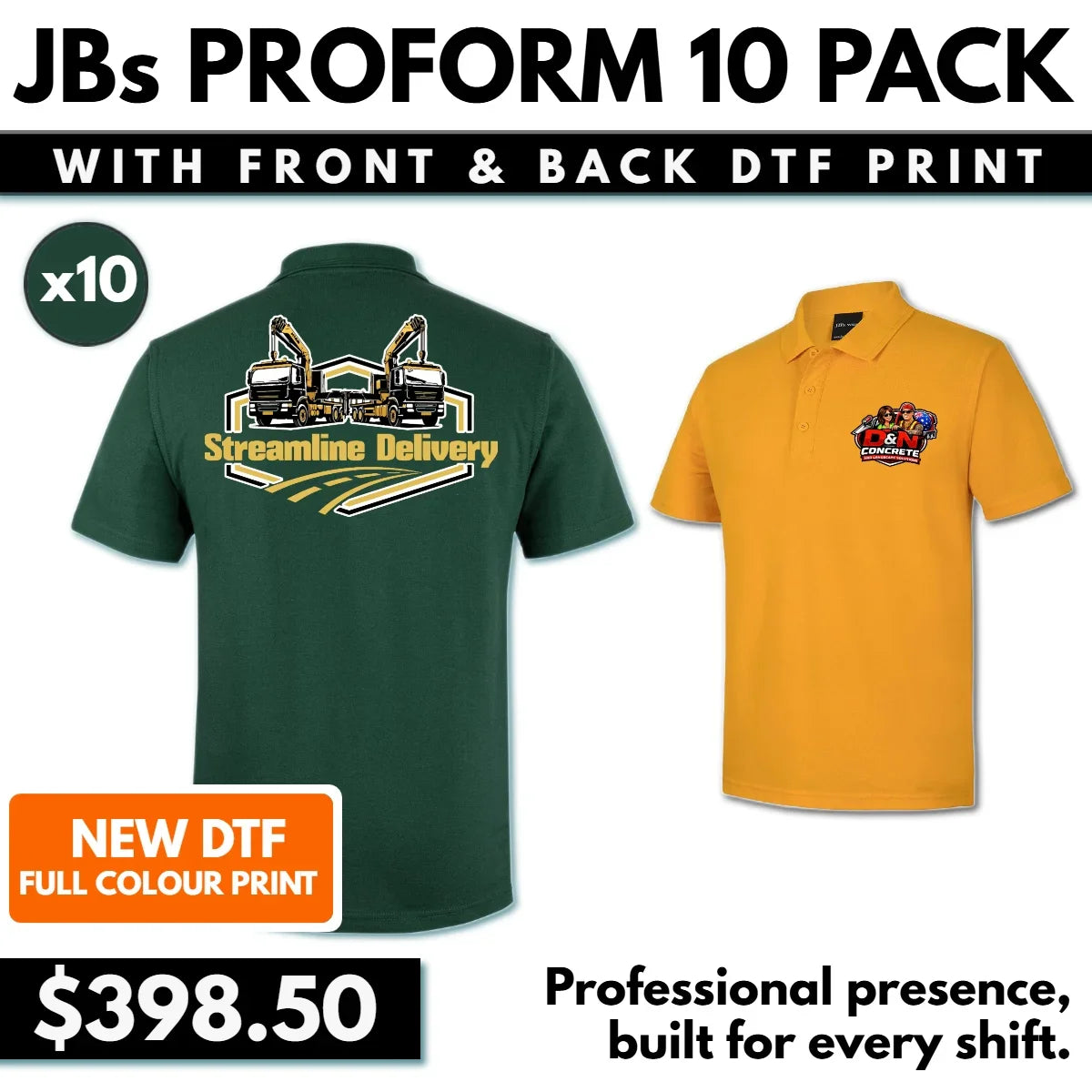 JB’s ProForm 10 Pack | Custom 210gsm Work Polos with Front & Back DTF Print