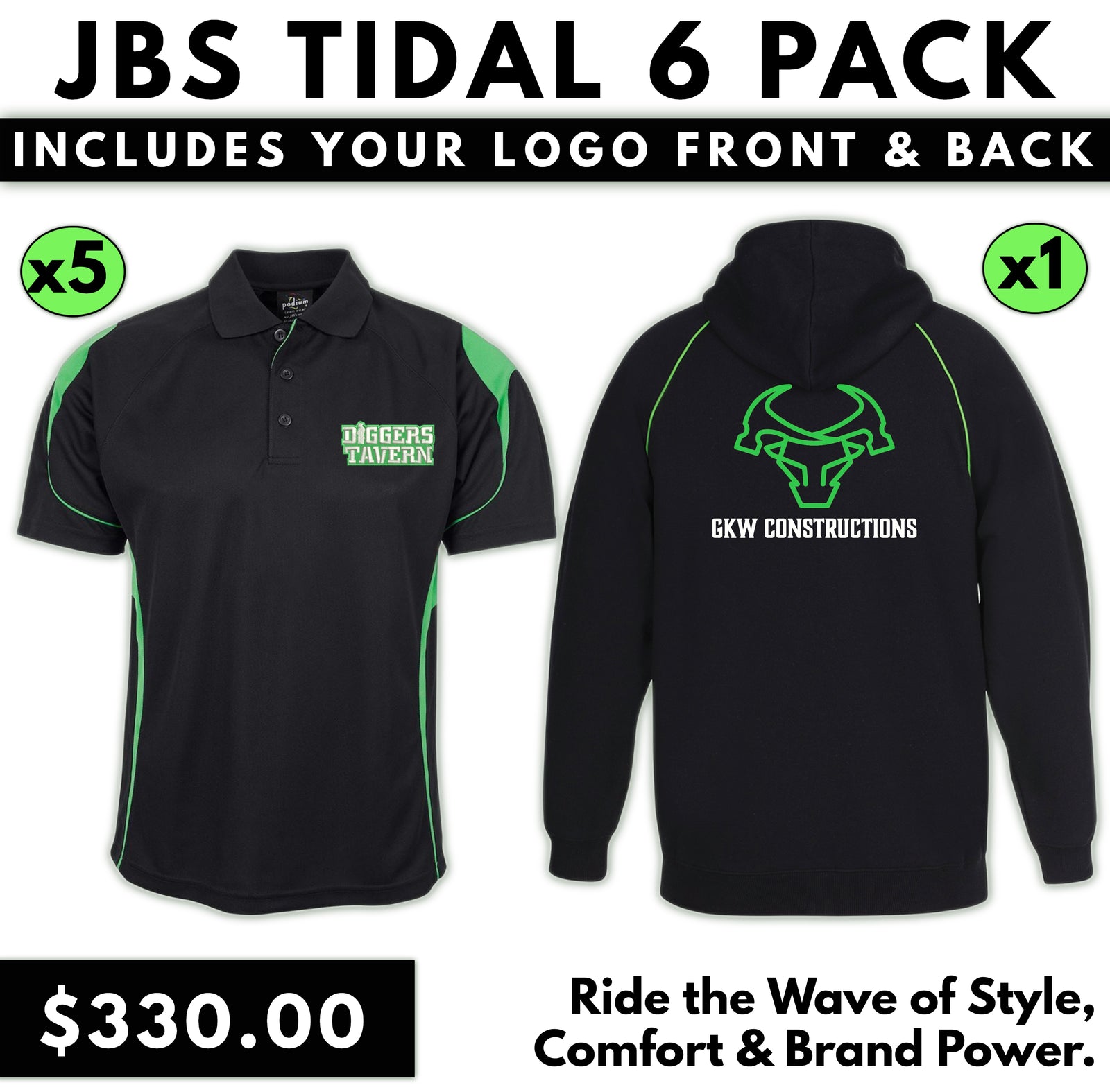 JB's Tidal 6 Pack - 5 x 7BEL - 1 x 3CFH - With Back Vinyl Print & Front Embroidery