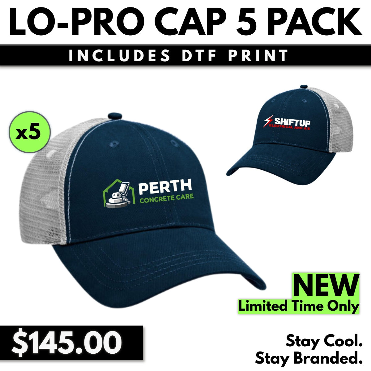 4362 Lo-Pro Mesh Trucker Cap 5 Pack with DTF Print