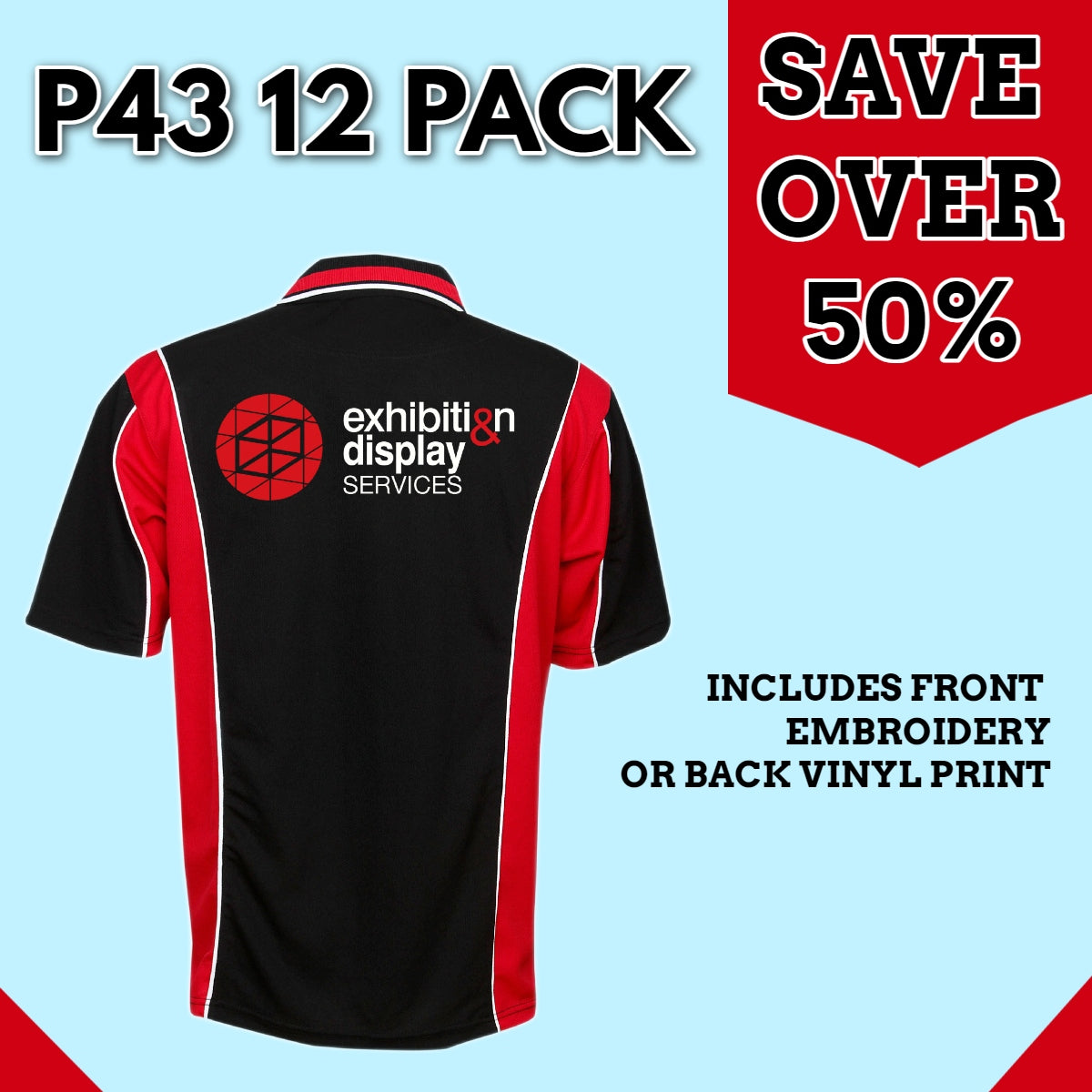 12 Pack P43 Black/Red Polos | Front Embroidery OR Back Vinyl Included