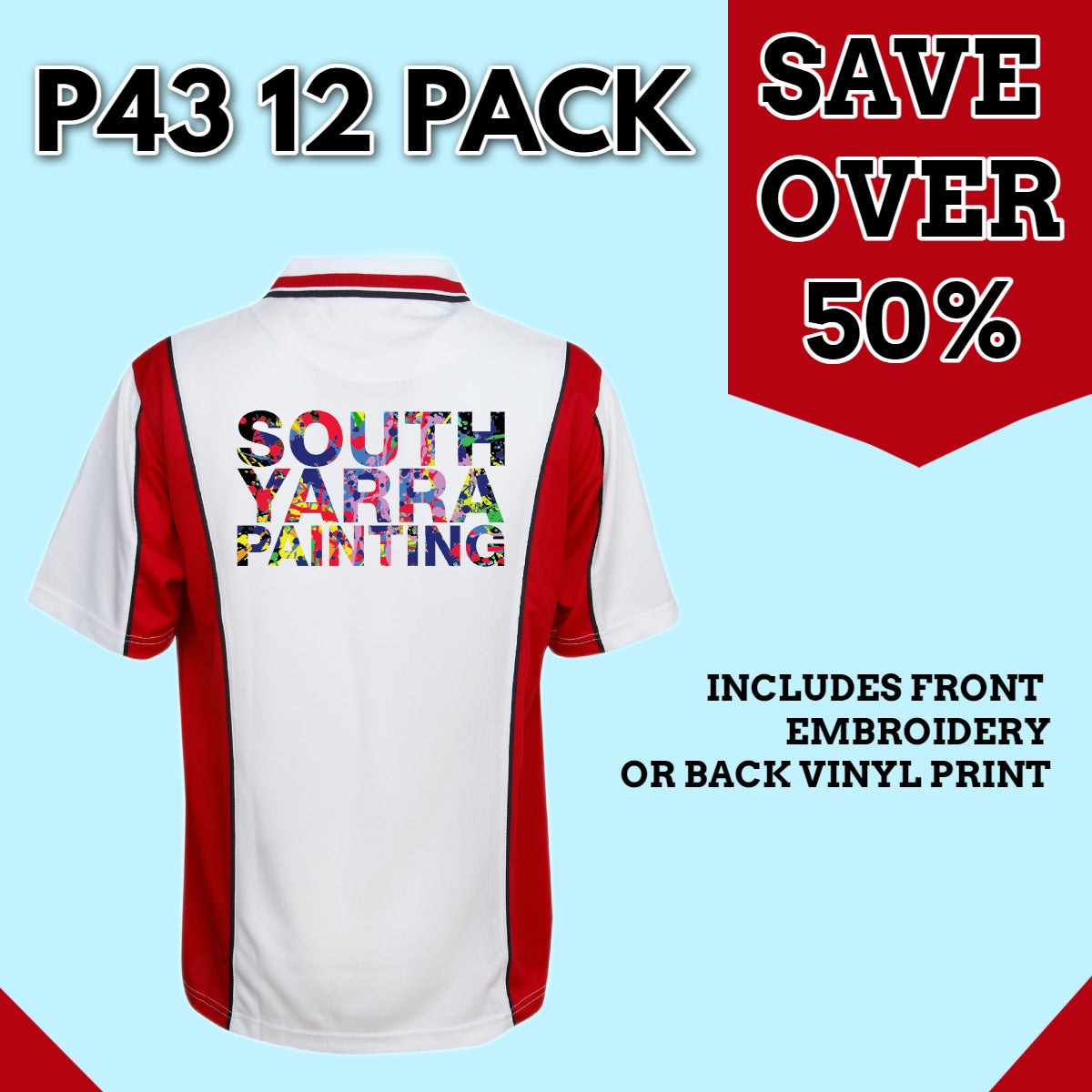 12 Pack P43 White/Red Polos | Front Embroidery OR Back Vinyl Included
