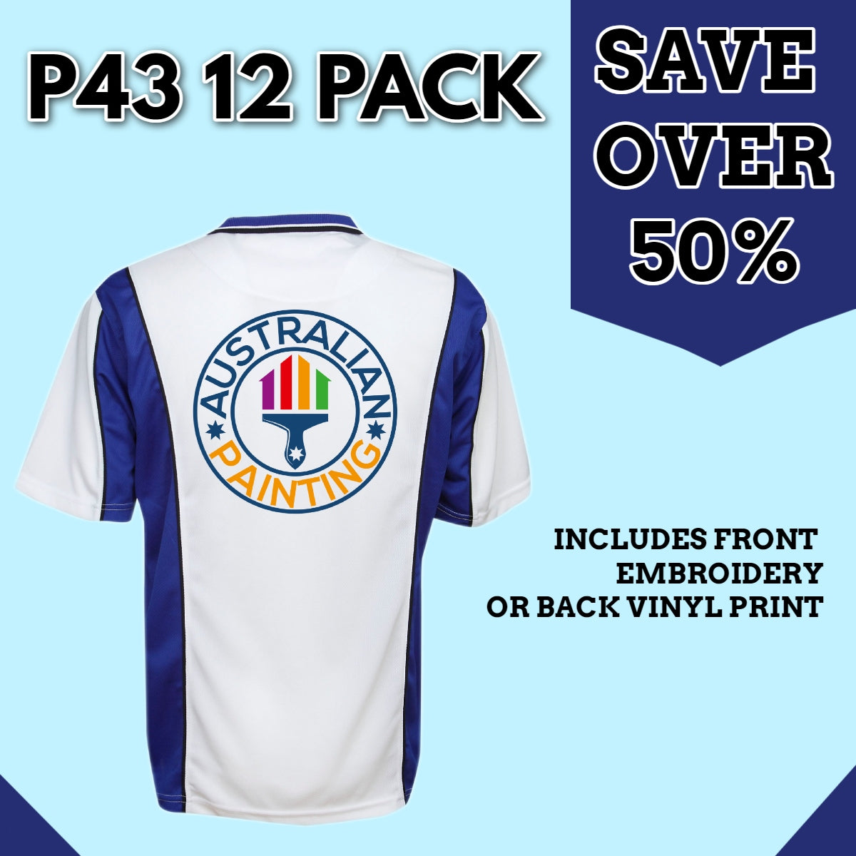 12 Pack P43 White/Royal Polos | Front Embroidery OR Back Vinyl Included