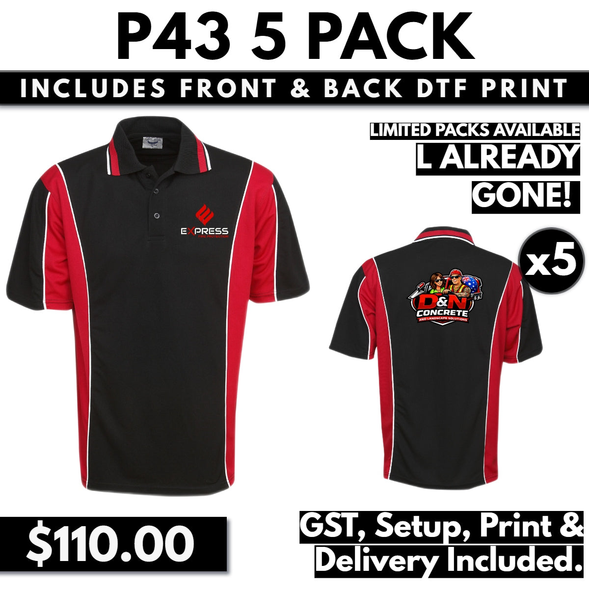 CLEARANCE P43 POLOS BLACK/RED 5 PACK WITH FRONT & BACK DTF PRINT & SHIPPING INCLUDED