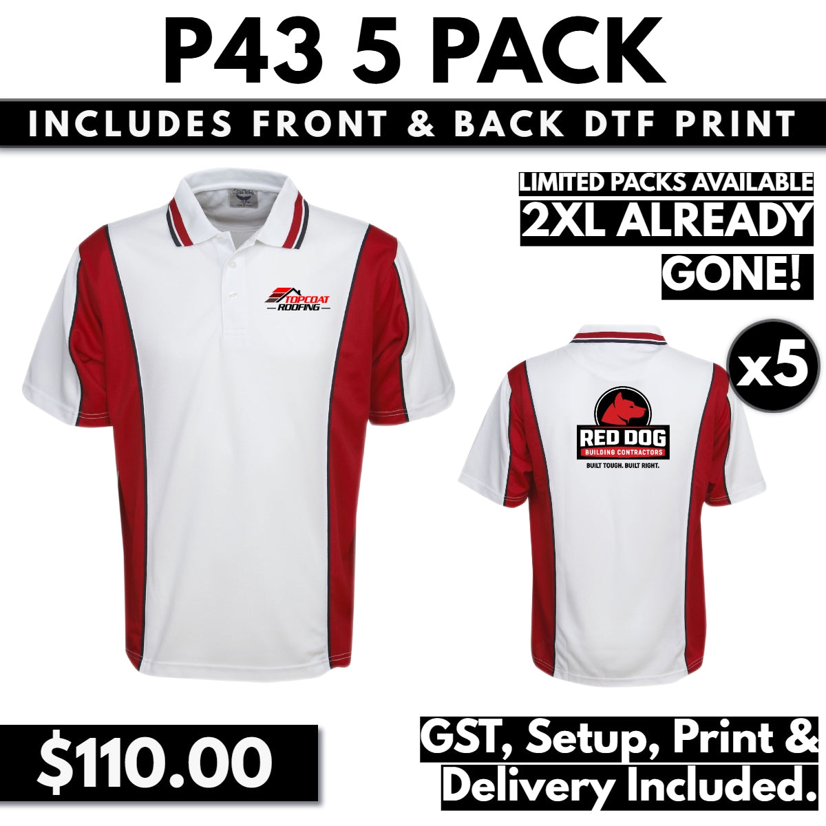 CLEARANCE P43 POLOS WHITE/RED/NAVY 5 PACK WITH FRONT & BACK DTF PRINT & SHIPPING INCLUDED