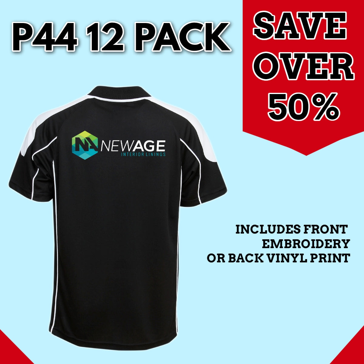 12 Pack P44 Black/White Polos | Front Embroidery OR Back Vinyl Included