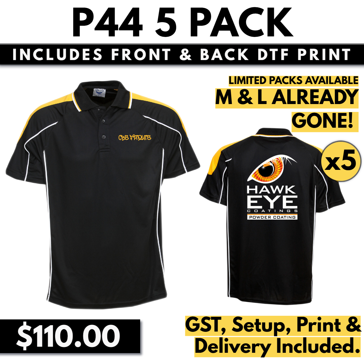 Clearance P44 Polos Black/Gold 5 Pack WITH FRONT & BACK DTF PRINT & SHIPPING INCLUDED