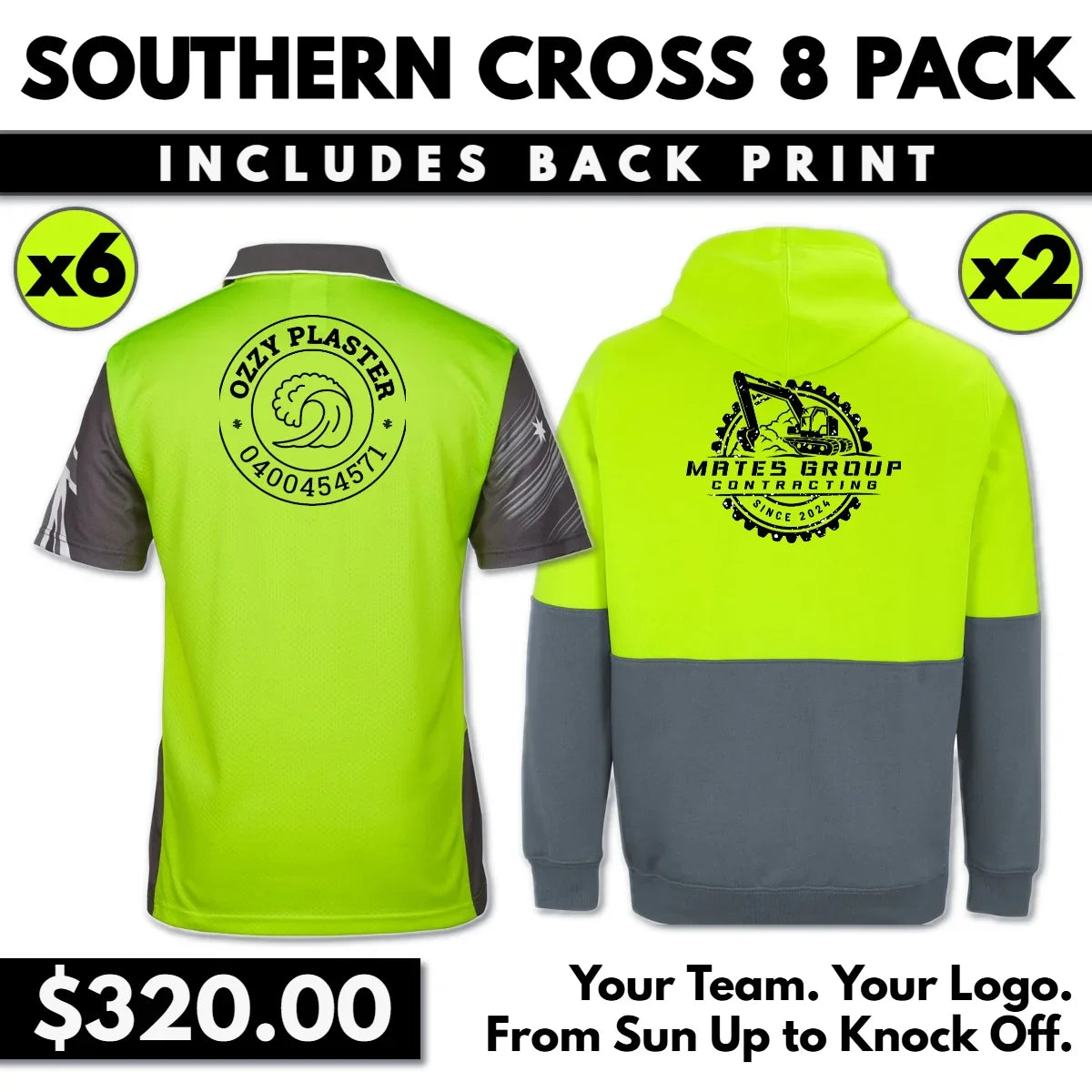 Southern Cross 8 Pack – Hi Vis Polos & Hoodies with Custom Back Print