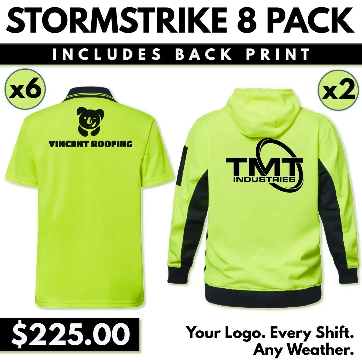Stormstrike 8 Pack – Hi Vis Polos & Hoodies with Custom Back Logo Print