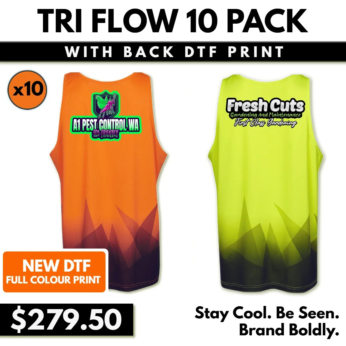 TriFlow 10 Pack – Hi-Vis Singlets with Back DTF Print