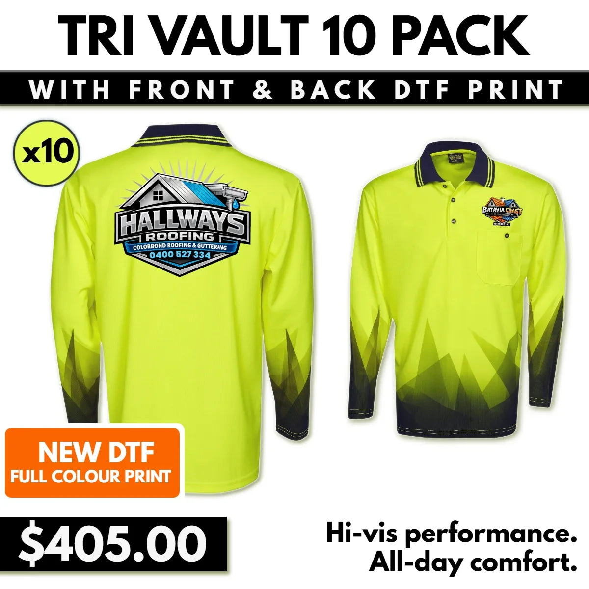 TriVault 10 Pack Hi-Vis Polos – Front & Back DTF Logo Print
