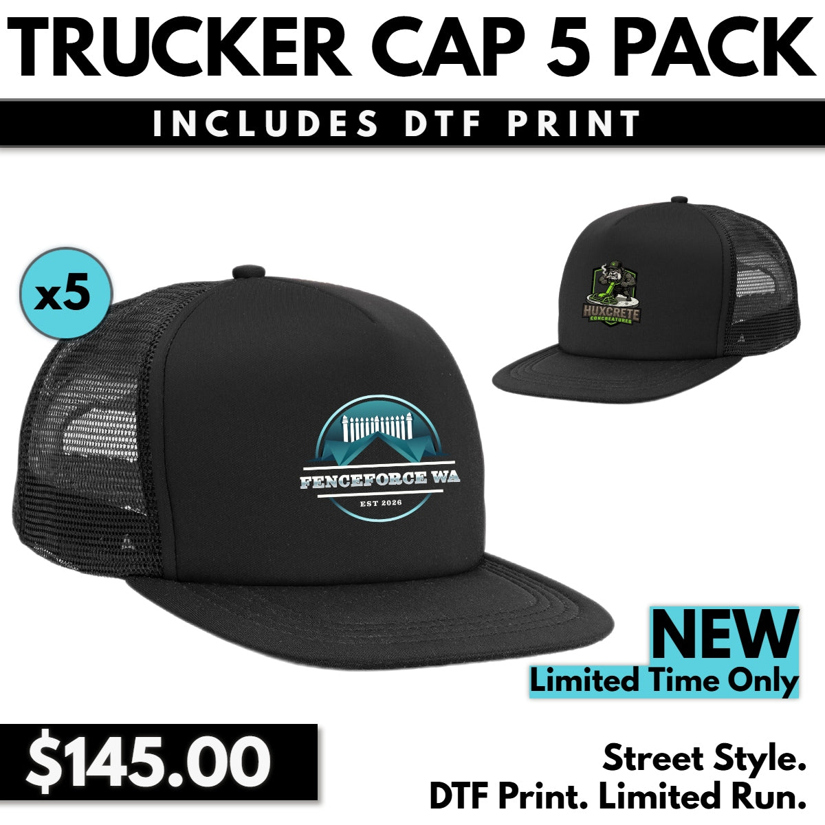 4384 Flat Peak Trucker Cap 5 Pack with DTF Print