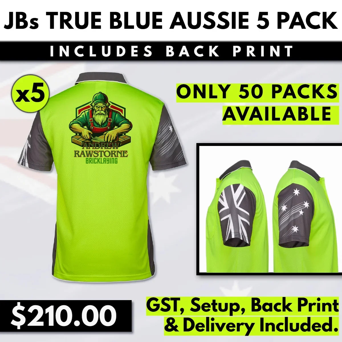 True Blue Aussie 5 Pack – Hi Vis Polos with Back Print & Shipping Included
