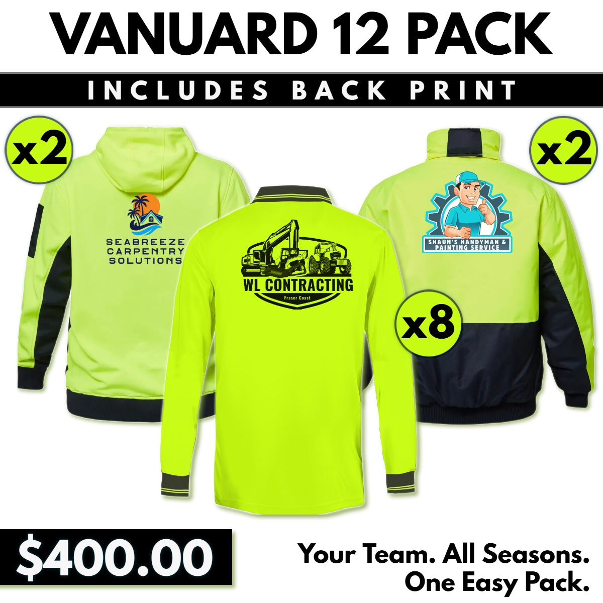 Vanguard 12 Pack – Full Hi Vis Kit with Custom Back Prints