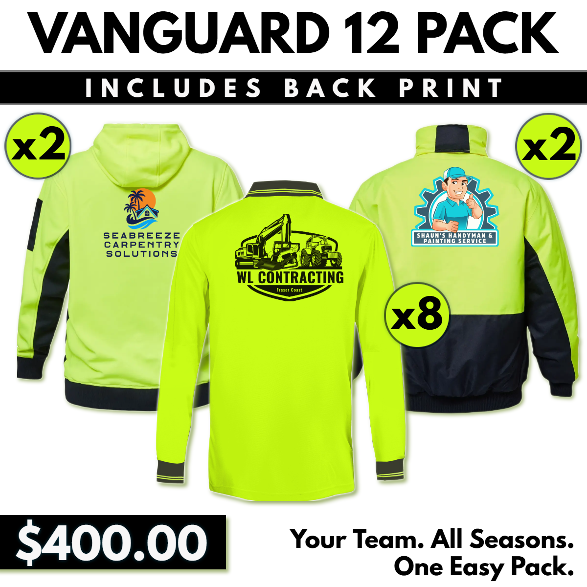 Vanguard 12 Pack – Full Hi Vis Uniform Kit with Custom Back Logo Prints