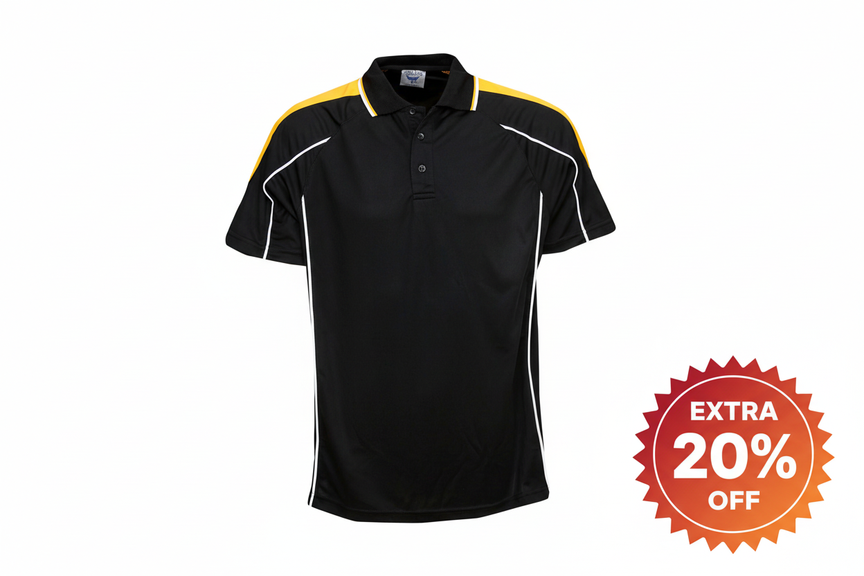 Black and gold polo with EXTRA 20% OFF sticker