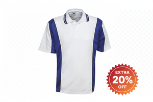 White and blue polo with EXTRA 20% OFF sticker