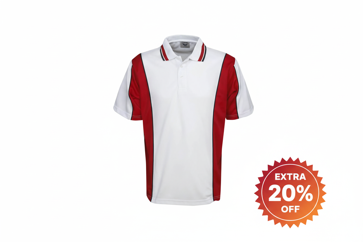 White and red polo with EXTRA 20% OFF sticker