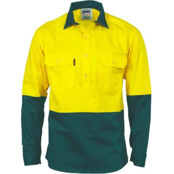 3834 DNC Hi-Vis L/S Two Tone Close Front Cotton Drill Shirt - Safe-T-Rex Workwear Pty Ltd