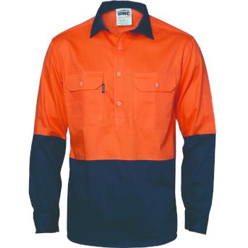 3834 DNC Hi-Vis L/S Two Tone Close Front Cotton Drill Shirt - Safe-T-Rex Workwear Pty Ltd
