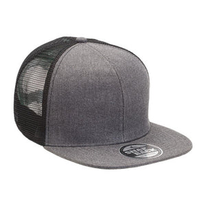 4396 Custom Heathered Flat Peak Trucker Hat 8 Pack - Charcoal Heather/Black
