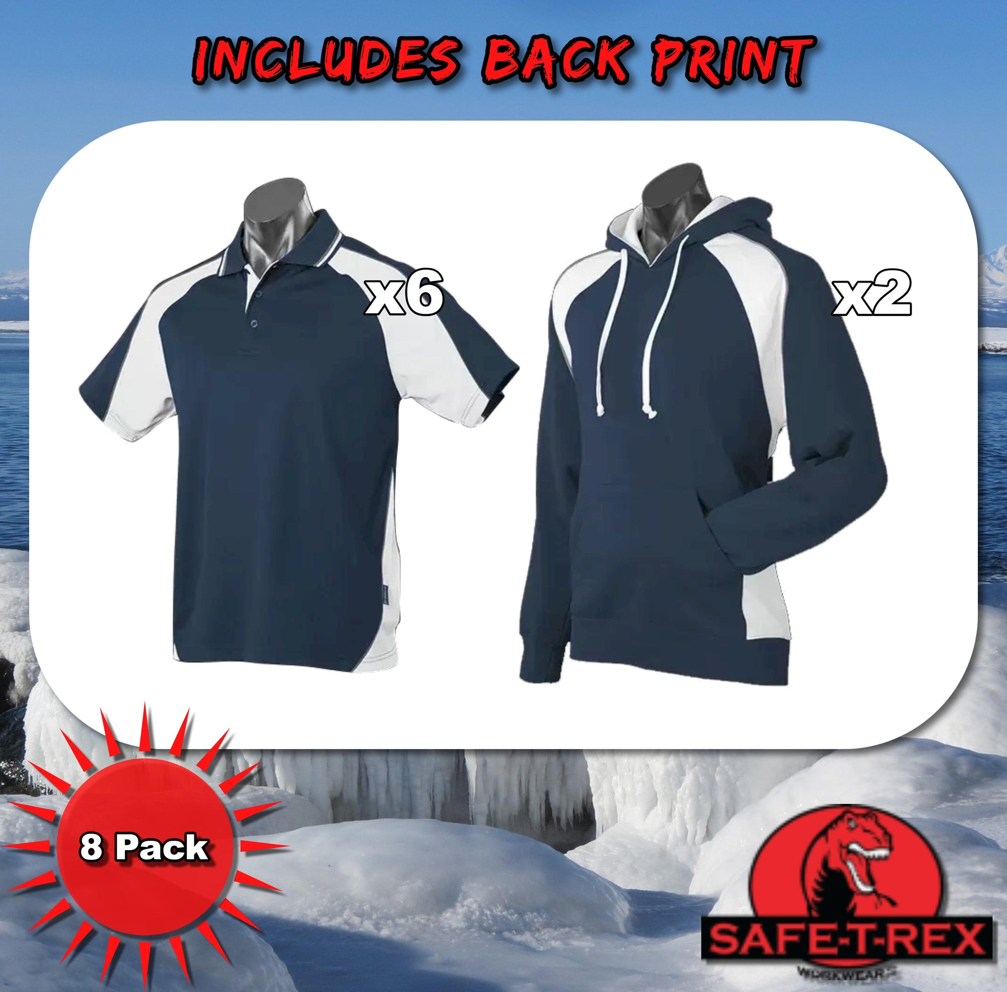 Panorama Contrast 8 Pack Polos & Hoodies With Vinyl Print On Back - Safe-T-Rex Workwear Pty Ltd