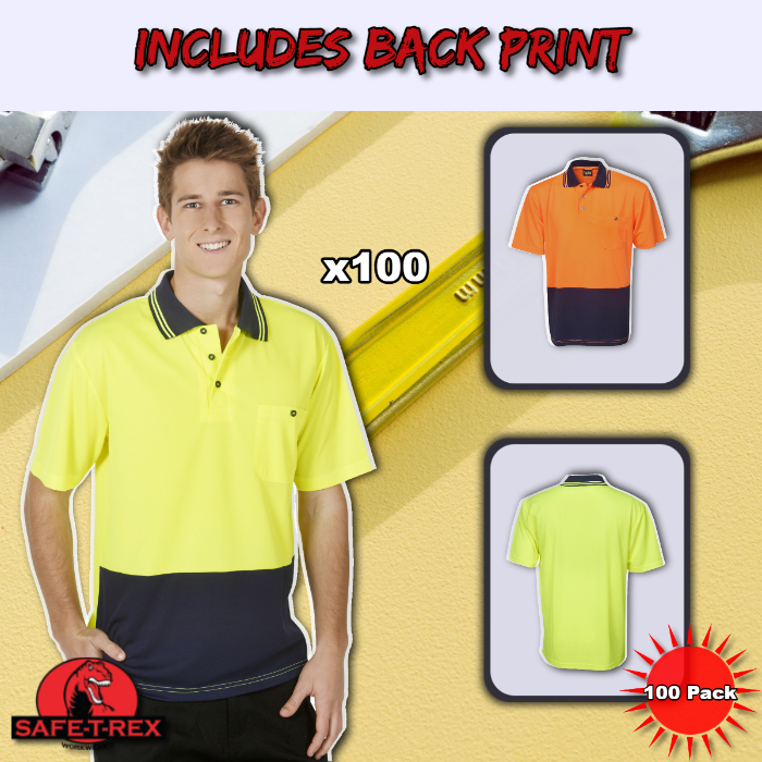 100 PACK Includes Back Printing  P62 Hi Vis Cooldry Polo Shirt
