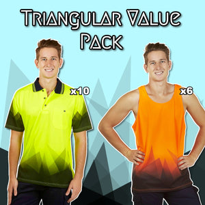 Triangular Hi vis Value Pack 10 Polos & 6 Singlets Printed On Back | Hi Vis Workwear Safe-T-Rex Australia