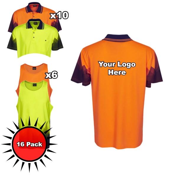 Triangular Hi vis Value Pack 10 Polos & 6 Singlets Printed On Back | Hi Vis Workwear Safe-T-Rex Australia